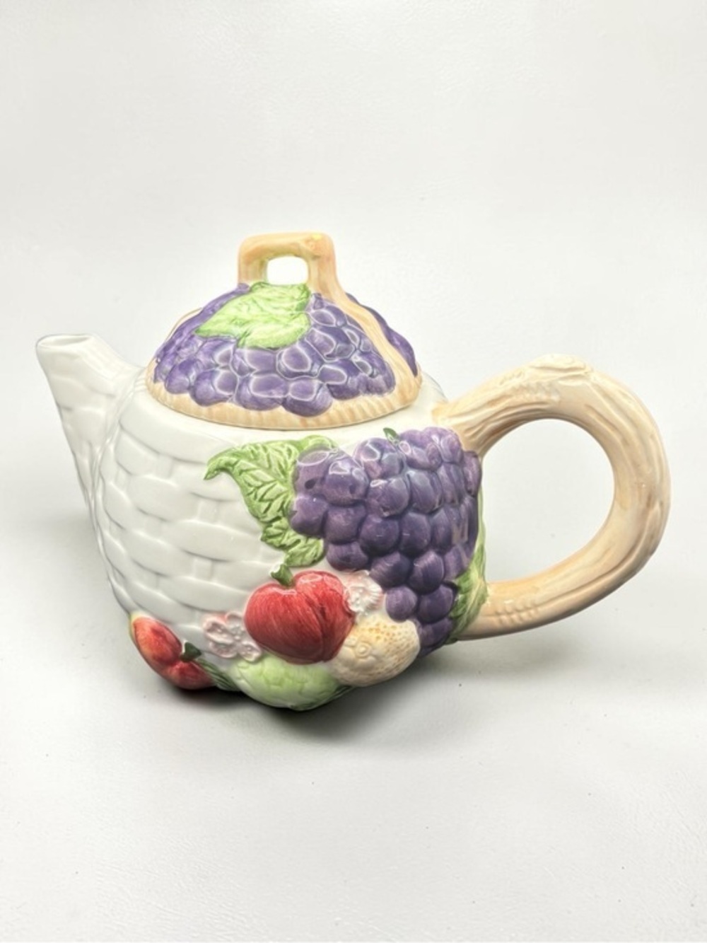 Vintage 1994 CKAO Ceramic Basket Weave W/ Fruit Design Tea Pot W/ Lid 7” Tall